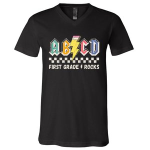 ABCD First Grade Rocks Pencil Lightning Teachers Rock V-Neck T-Shirt