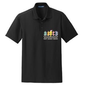 ABCD First Grade Rocks Pencil Lightning Teachers Rock Dry Zone Grid Polo