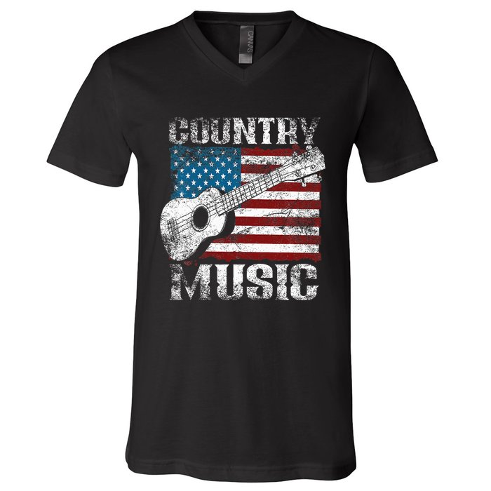 American Flag Guitar Player Funny Country V-Neck T-Shirt