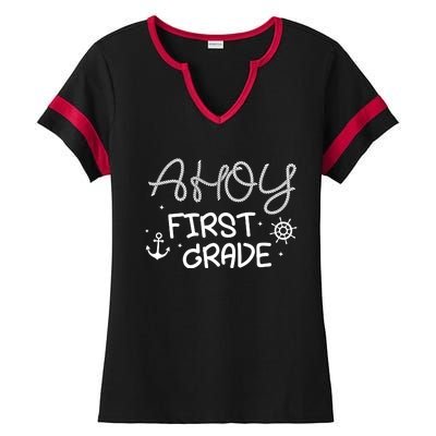 Ahoy First Grade Teacher Ladies Halftime Notch Neck Tee