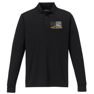 American Flag Gift Army Retired Military Army Thin Goldline Performance Long Sleeve Polo