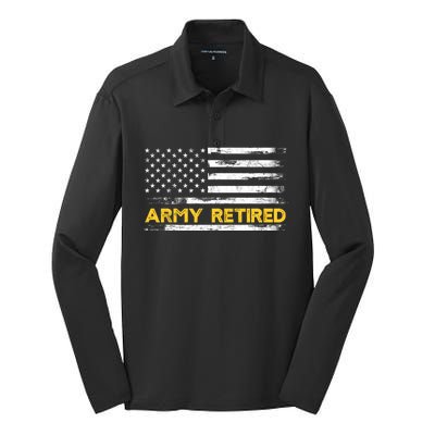 American Flag Gift Army Retired Military Army Thin Goldline Silk Touch Performance Long Sleeve Polo