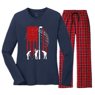 American Flag Golf Vintage 4th Of July Golfer Women's Long Sleeve Flannel Pajama Set 