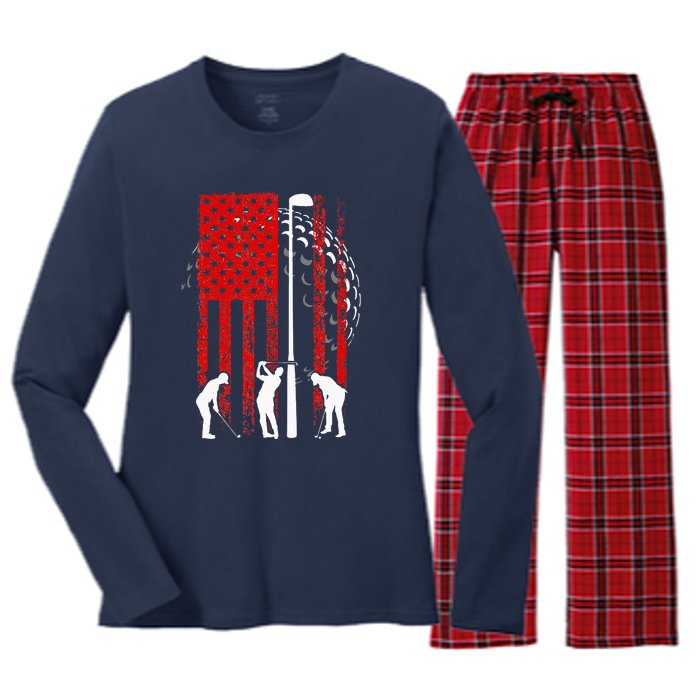 American Flag Golf Vintage 4th Of July Golfer Women's Long Sleeve Flannel Pajama Set 