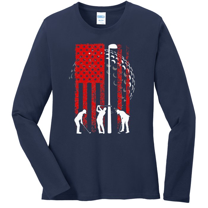 American Flag Golf Vintage 4th Of July Golfer Ladies Long Sleeve Shirt