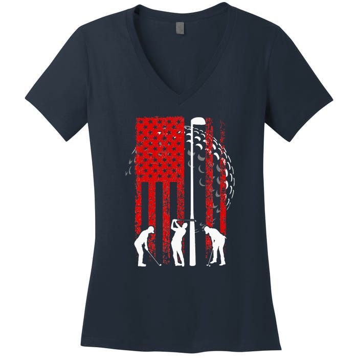 American Flag Golf Vintage 4th Of July Golfer Women's V-Neck T-Shirt