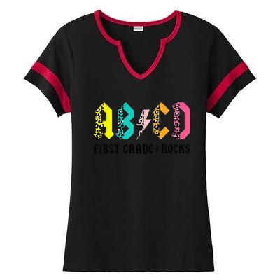 ABCD First Grade Rocks Back To School 1st Grade Teacher Ladies Halftime Notch Neck Tee