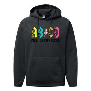 ABCD First Grade Rocks Back To School 1st Grade Teacher Performance Fleece Hoodie