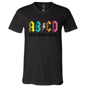 ABCD First Grade Rocks Back To School 1st Grade Teacher V-Neck T-Shirt