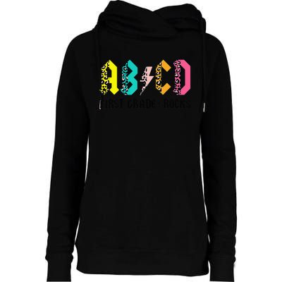 ABCD First Grade Rocks Back To School 1st Grade Teacher Womens Funnel Neck Pullover Hood