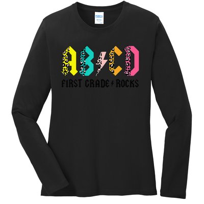 ABCD First Grade Rocks Back To School 1st Grade Teacher Ladies Long Sleeve Shirt