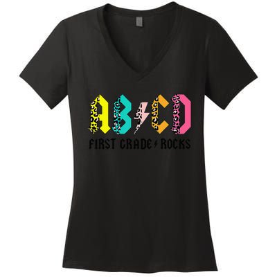 ABCD First Grade Rocks Back To School 1st Grade Teacher Women's V-Neck T-Shirt