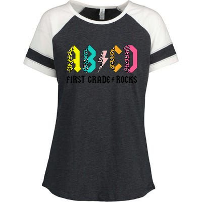 ABCD First Grade Rocks Back To School 1st Grade Teacher Enza Ladies Jersey Colorblock Tee