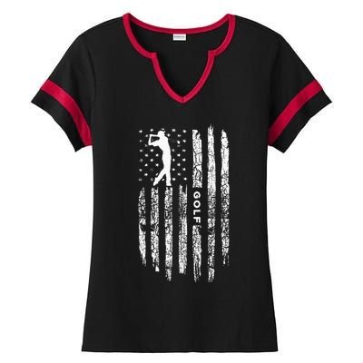 American Flag Golf Balls And Club Vintage Golfing Golfer Ladies Halftime Notch Neck Tee