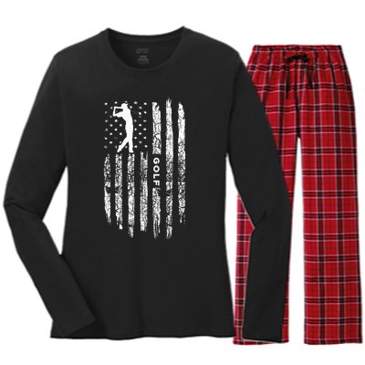 American Flag Golf Balls And Club Vintage Golfing Golfer Women's Long Sleeve Flannel Pajama Set 