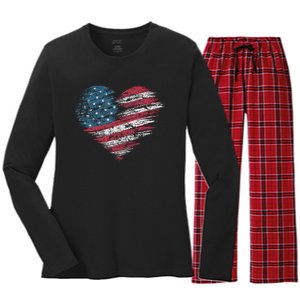 American Flag Heart Women Patriotic 4th Of July Usa Gift Women's Long Sleeve Flannel Pajama Set 