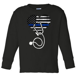 American Flag Heart Police Blue Line Nurse Toddler Long Sleeve Shirt