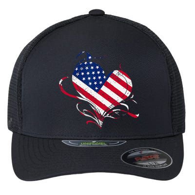 American Flag Heart 4th of July USA Love Patriotic Pride Flexfit Unipanel Trucker Cap