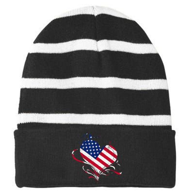 American Flag Heart 4th of July USA Love Patriotic Pride Striped Beanie with Solid Band