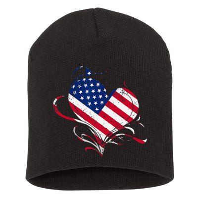 American Flag Heart 4th of July USA Love Patriotic Pride Short Acrylic Beanie