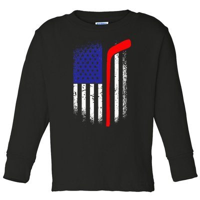 American Flag Hockey 4th Of July Cool Sport Memorial Day Toddler Long Sleeve Shirt