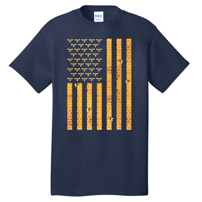 American Flag Honeycomb Honey Bees Beekeeping Beekeeper Gift Tall T-Shirt