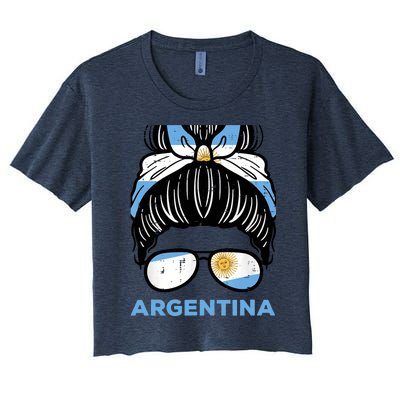 Argentina Flag Hairbun Football Soccer Fan Wo Girls Women's Crop Top Tee