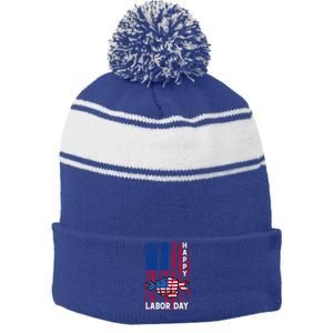 American Flag Happy Labor Day Meaningful Gift Stripe Pom Pom Beanie