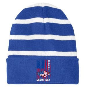 American Flag Happy Labor Day Meaningful Gift Striped Beanie with Solid Band