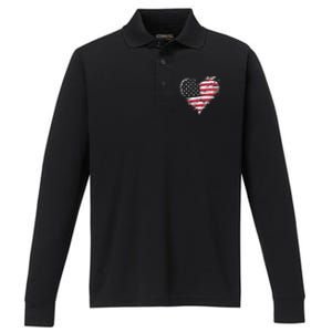 American Flag Heart Women 4th Of July Patriotic Usa Performance Long Sleeve Polo