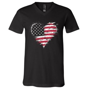 American Flag Heart Women 4th Of July Patriotic Usa V-Neck T-Shirt