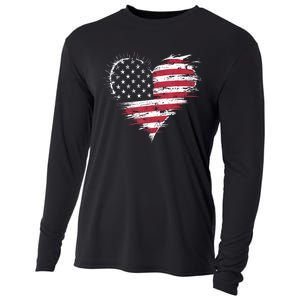 American Flag Heart Women 4th Of July Patriotic Usa Cooling Performance Long Sleeve Crew