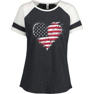 American Flag Heart Women 4th Of July Patriotic Usa Enza Ladies Jersey Colorblock Tee