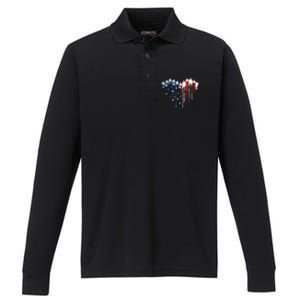 Airplane Flag Heart America 4th Of July Performance Long Sleeve Polo