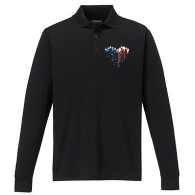 Airplane Flag Heart America 4th Of July Performance Long Sleeve Polo