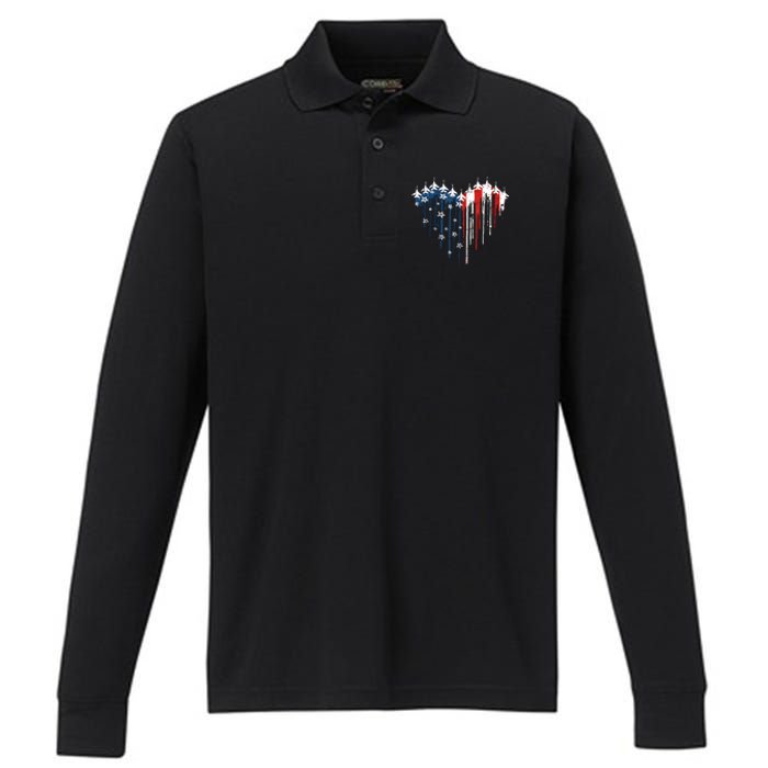 Airplane Flag Heart America 4th Of July Performance Long Sleeve Polo