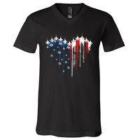 Airplane Flag Heart America 4th Of July V-Neck T-Shirt