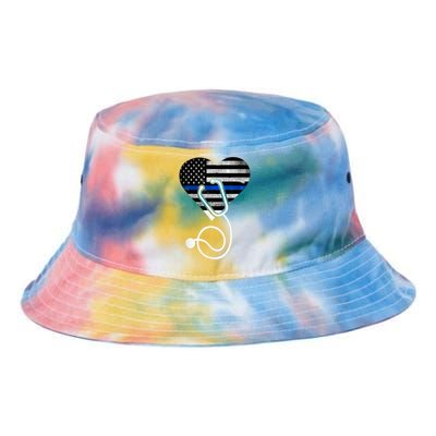 American Flag Heart with Police Thin Blue Line Nurse RN LVN Tie Dye Newport Bucket Hat