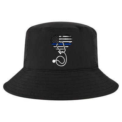 American Flag Heart with Police Thin Blue Line Nurse RN LVN Cool Comfort Performance Bucket Hat