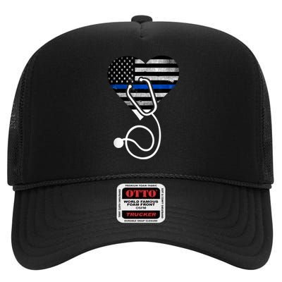 American Flag Heart with Police Thin Blue Line Nurse RN LVN High Crown Mesh Back Trucker Hat