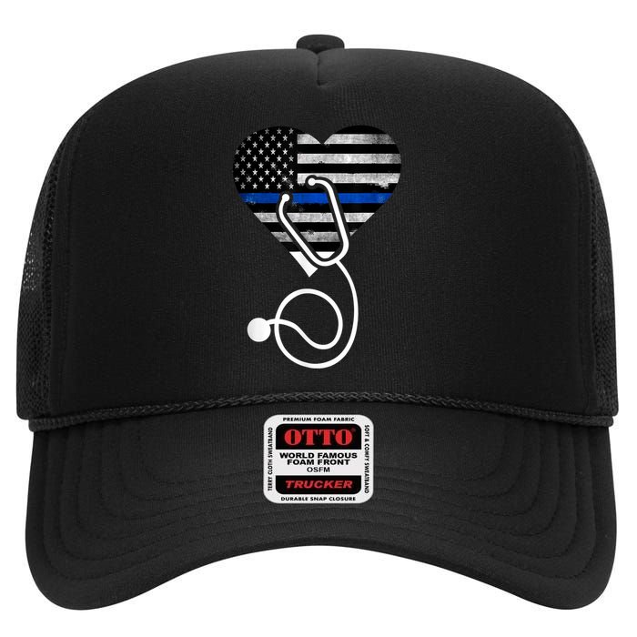 American Flag Heart with Police Thin Blue Line Nurse RN LVN High Crown Mesh Back Trucker Hat