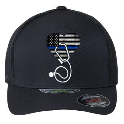 American Flag Heart with Police Thin Blue Line Nurse RN LVN Flexfit Unipanel Trucker Cap