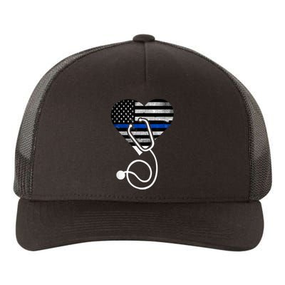 American Flag Heart with Police Thin Blue Line Nurse RN LVN Yupoong Adult 5-Panel Trucker Hat