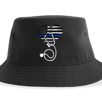 American Flag Heart with Police Thin Blue Line Nurse RN LVN Sustainable Bucket Hat