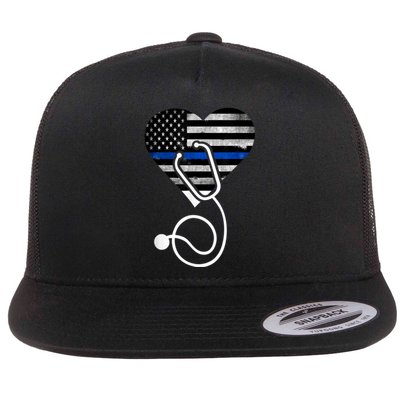 American Flag Heart with Police Thin Blue Line Nurse RN LVN Flat Bill Trucker Hat