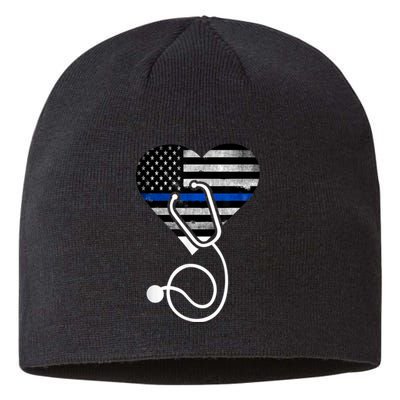 American Flag Heart with Police Thin Blue Line Nurse RN LVN Sustainable Beanie