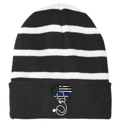 American Flag Heart with Police Thin Blue Line Nurse RN LVN Striped Beanie with Solid Band