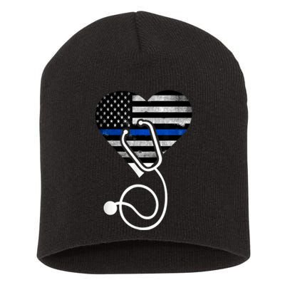 American Flag Heart with Police Thin Blue Line Nurse RN LVN Short Acrylic Beanie