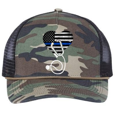 American Flag Heart with Police Thin Blue Line Nurse RN LVN Retro Rope Trucker Hat Cap