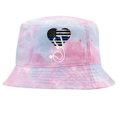 American Flag Heart with Police Thin Blue Line Nurse RN LVN Tie-Dyed Bucket Hat